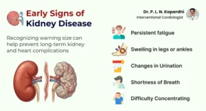 An infographic titled "Early Signs of Kidney Disease" featuring an illustration comparing a healthy red kidney to a damaged, pale, and lumpy kidney. The graphic lists five warning signs: Persistent fatigue, Swelling in legs or ankles, Changes in Urination, Shortness of Breath, and Difficulty Concentrating. It includes a subtitle stating that recognizing these signs can prevent long-term complications and features a credit to Dr. P. L. N. Kapardhi, Interventional Cardiologist.
