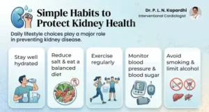An infographic titled "Kidney-Heart Connection" showing a human silhouette with the heart and kidneys connected by circulatory paths. The text describes how the heart pumps oxygenated blood to the kidneys to maintain pressure, while the kidneys help control blood pressure to support healthy circulation. It emphasizes that the two organs are interdependent and a problem in one can affect the other.