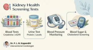 For this final image, here is a professional alt tag tailored for accessibility, followed by the specific HTML code for your use. Alt Tag An educational infographic titled "Kidney Health Screening Tests" featuring four key diagnostic methods. The tests include: Blood Tests for Creatinine and eGFR levels; a Urine Test to check for Protein levels; Blood Pressure Monitoring using a digital cuff; and Blood Sugar and Cholesterol Screening using a glucose meter and test strips. The graphic includes a professional credit to Dr. P. L. N. Kapardhi, Interventional Cardiologist.